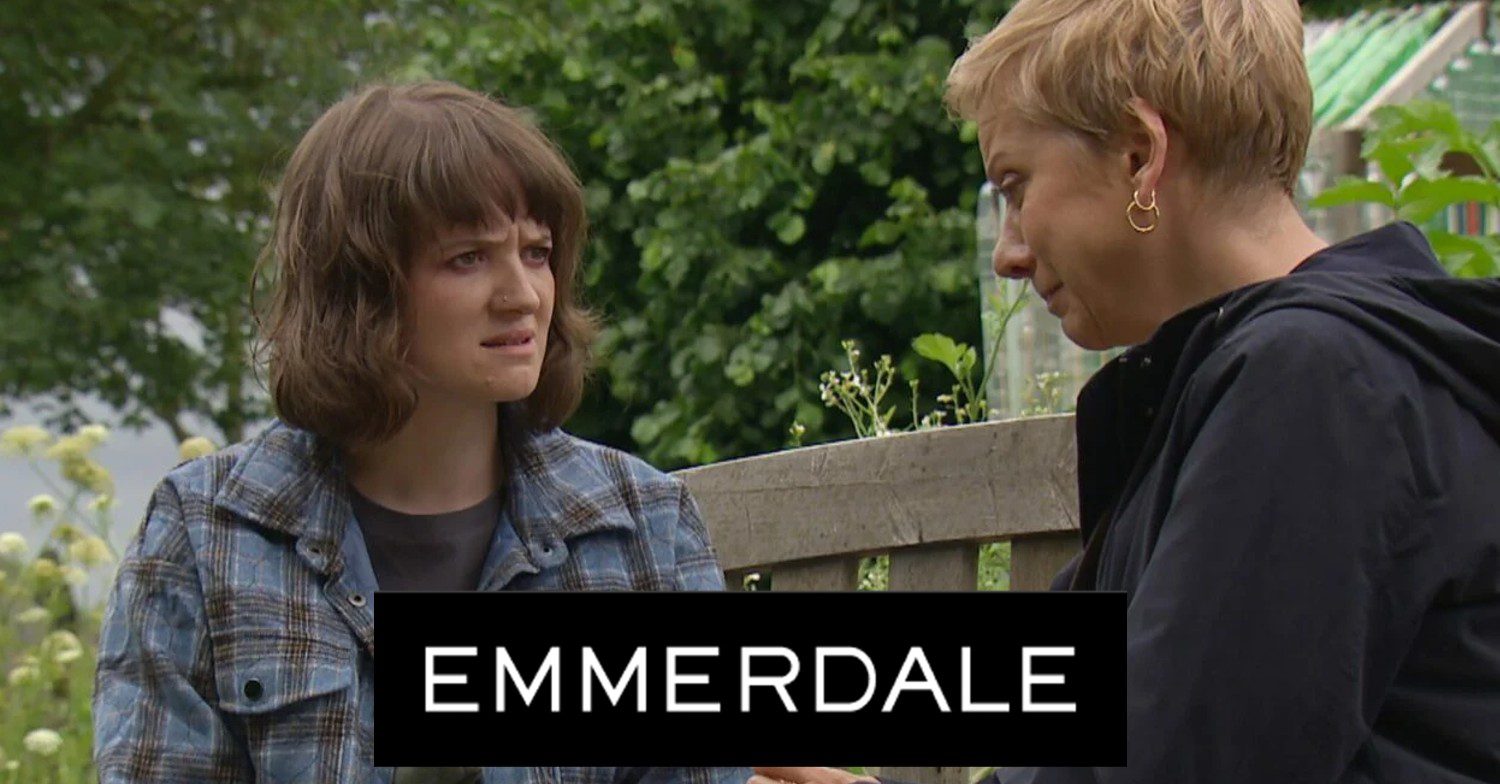 Image of Emmerdale logo with Gail and Sophie