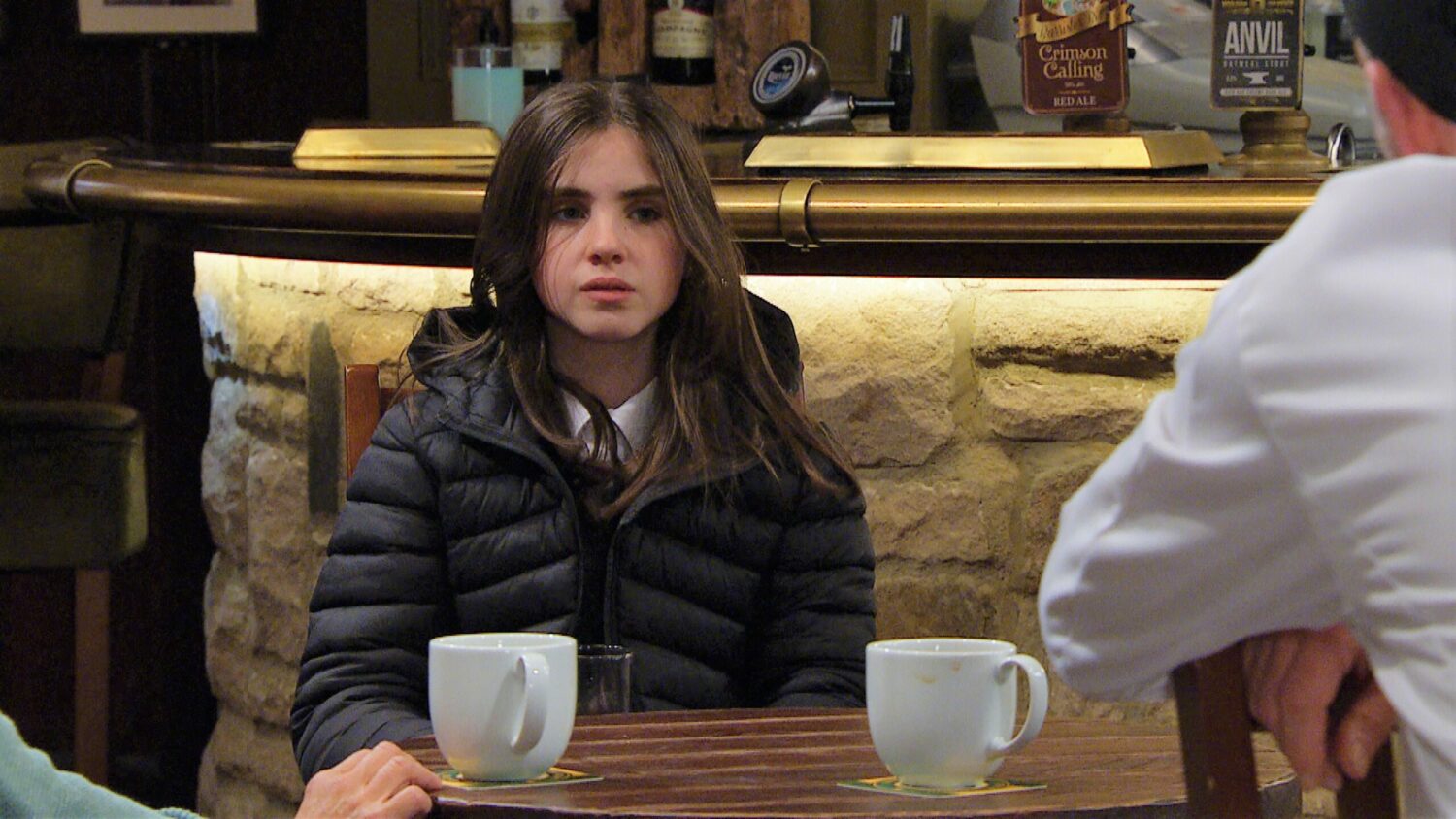 April Windsor in Emmerdale looks angrily at dad Marlon