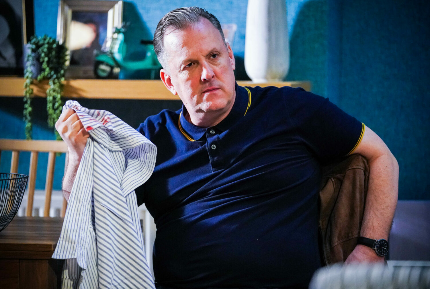 EastEnders Harvey confronts Aaron holding his bloody shirt