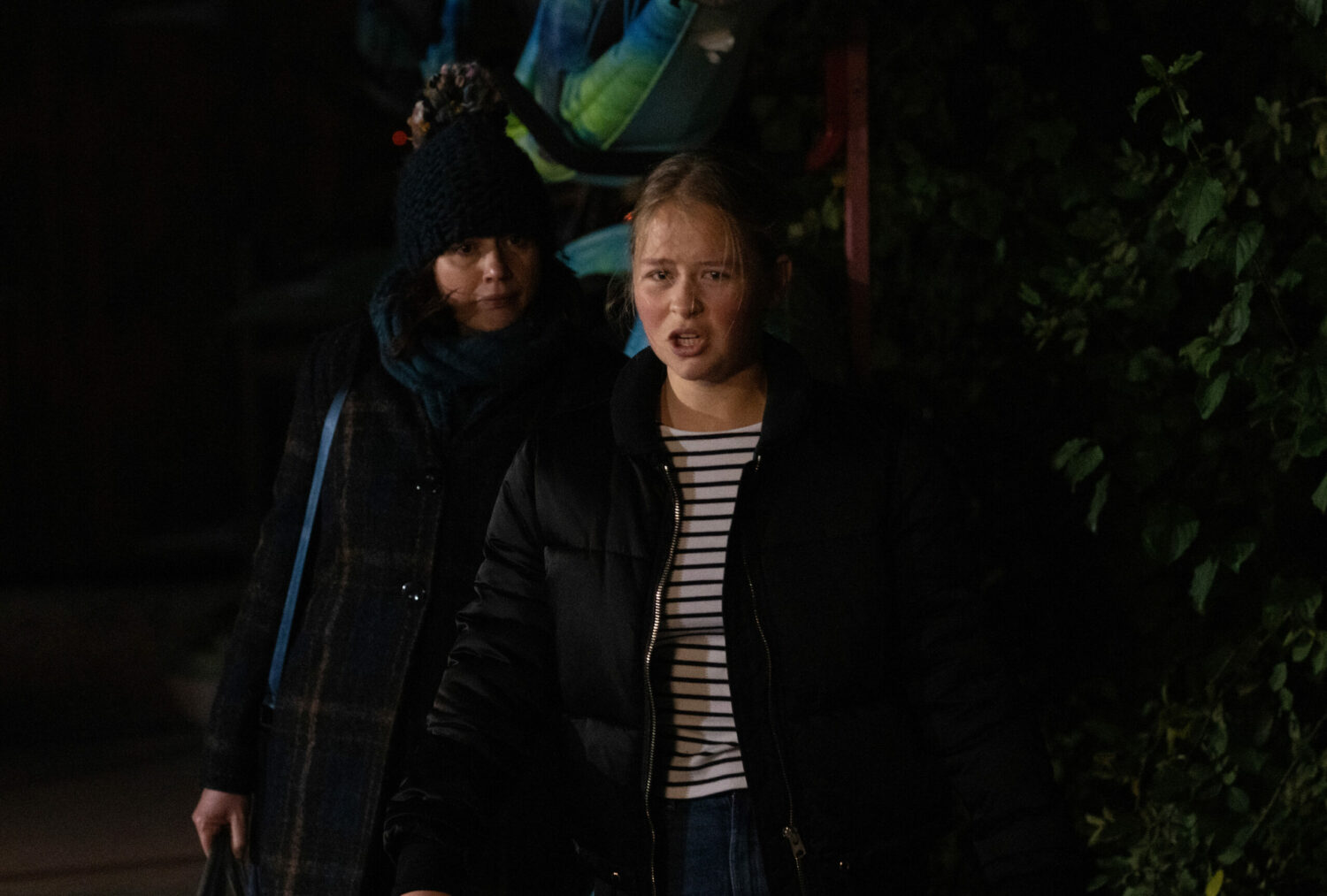 Emmerdale Lydia in her coat and hat is worried about Liv's aggressive behaviour
