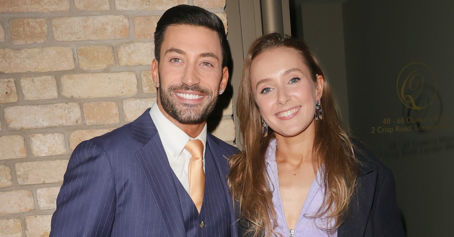 Rose Ayling Ellis and Giovanni Pernice smiling posing for pictures outside the Strictly studio