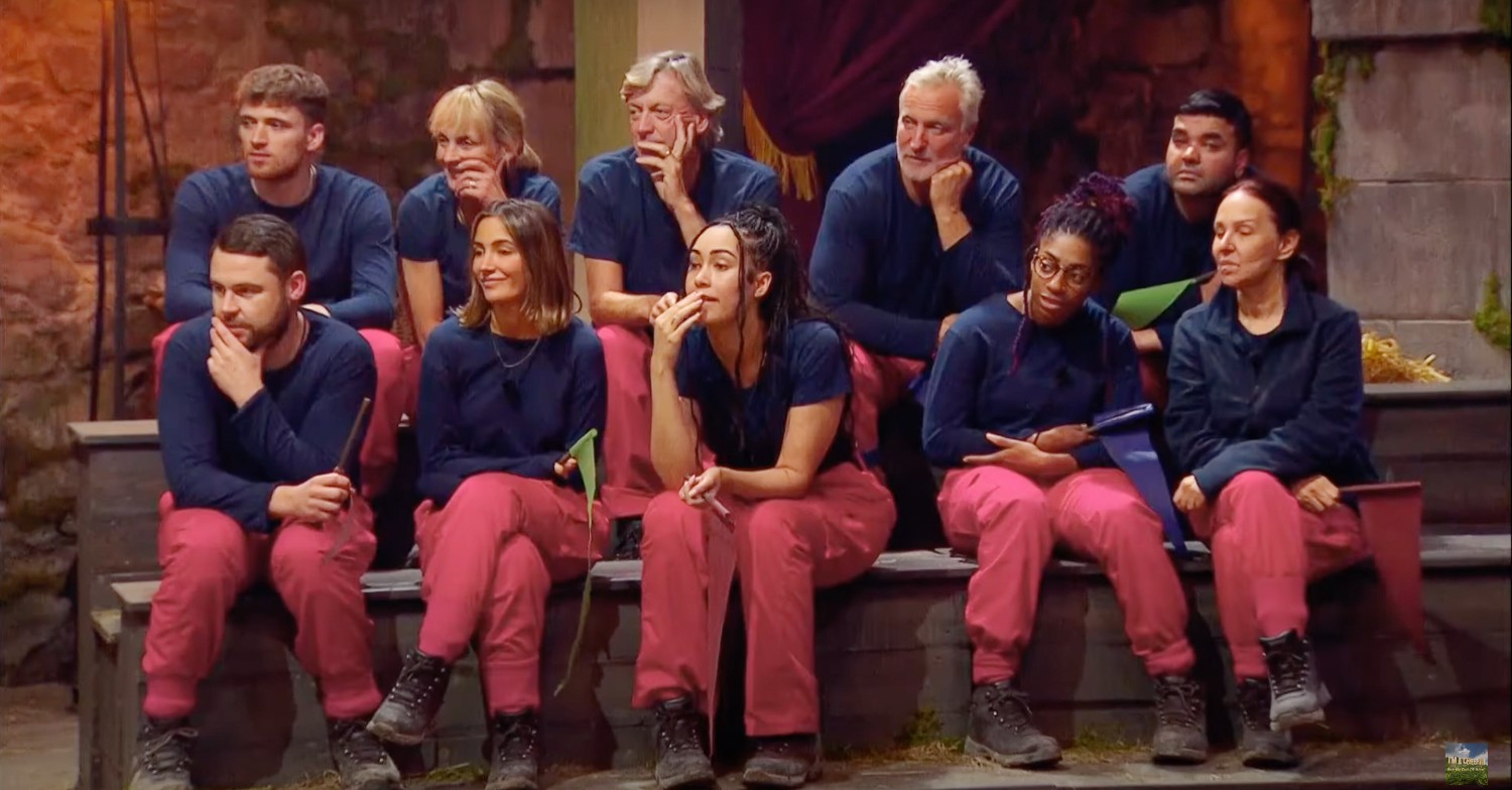 I'm A Celebrity campmates (Matty Lee, Louise Minchin, Richard Madeley, David Ginola, Naughty Boy, Danny Miller, Frankie Bridge, Snoochie Shy, Kadeena Cox, Arlene Phillips) watching a challenge