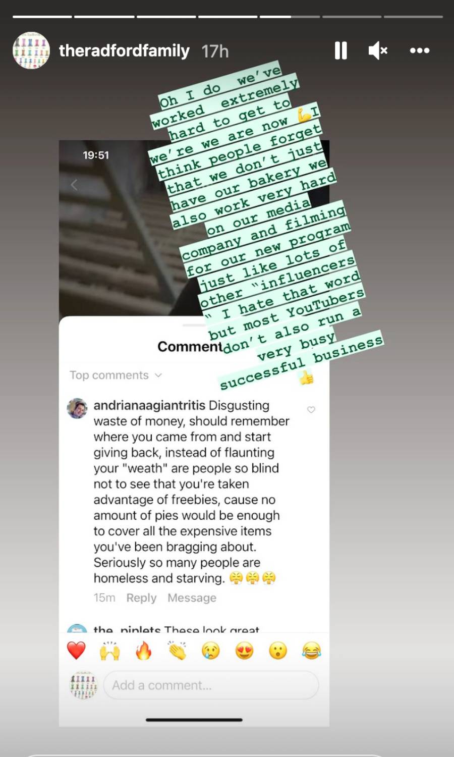 One user lashed out at the Radfords on Instagram