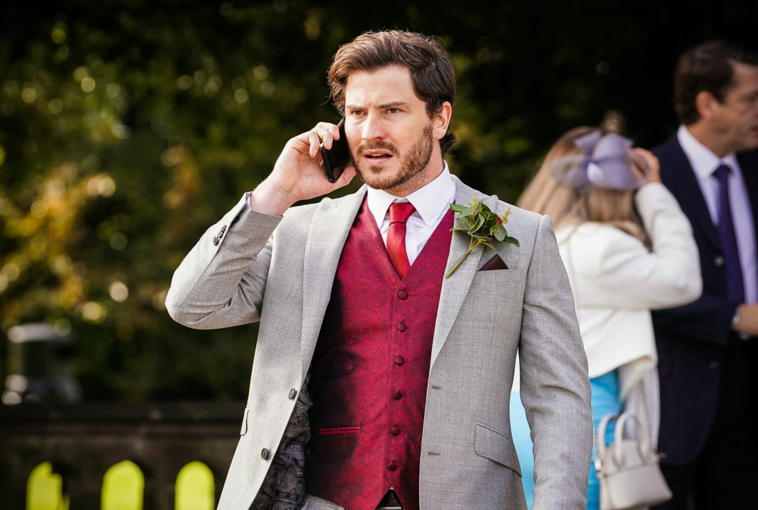 EastEnders Dec 25 Gray on the phone as he waits for Chelsea on their wedding day