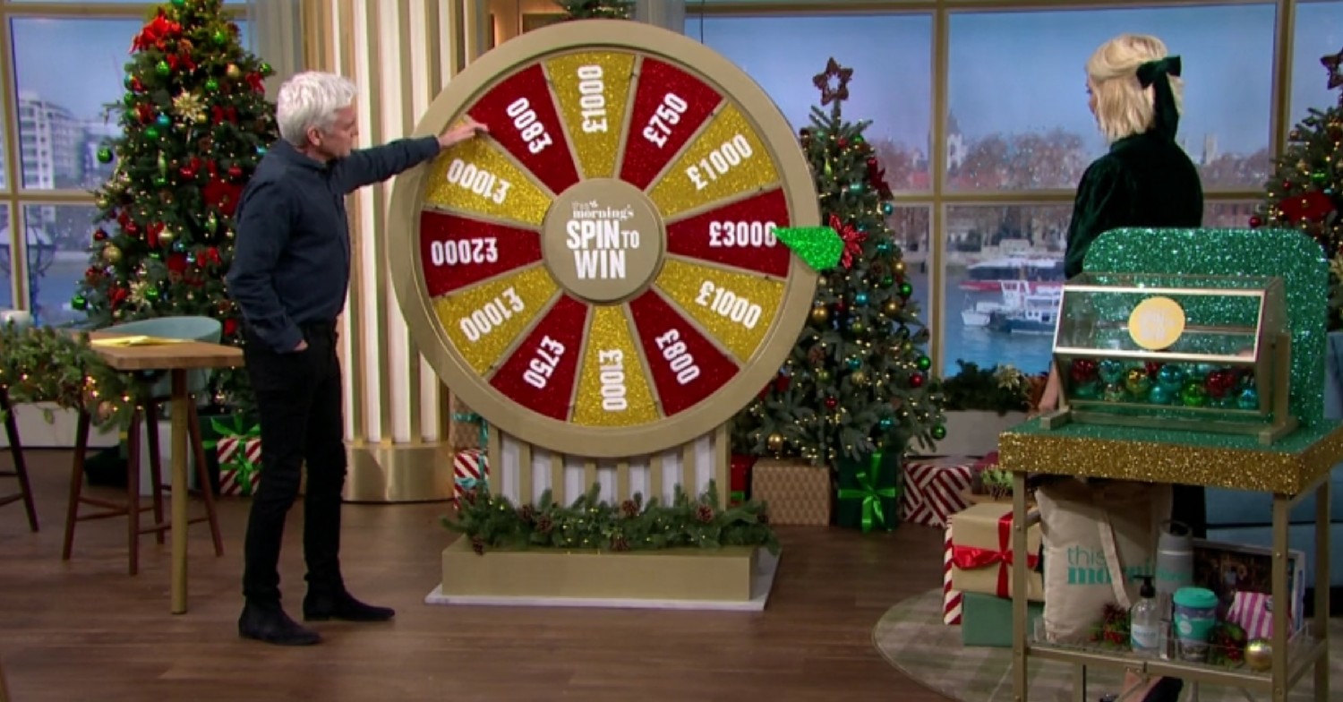 Phillip schofield and holly willougby looking at the wheel on this morning