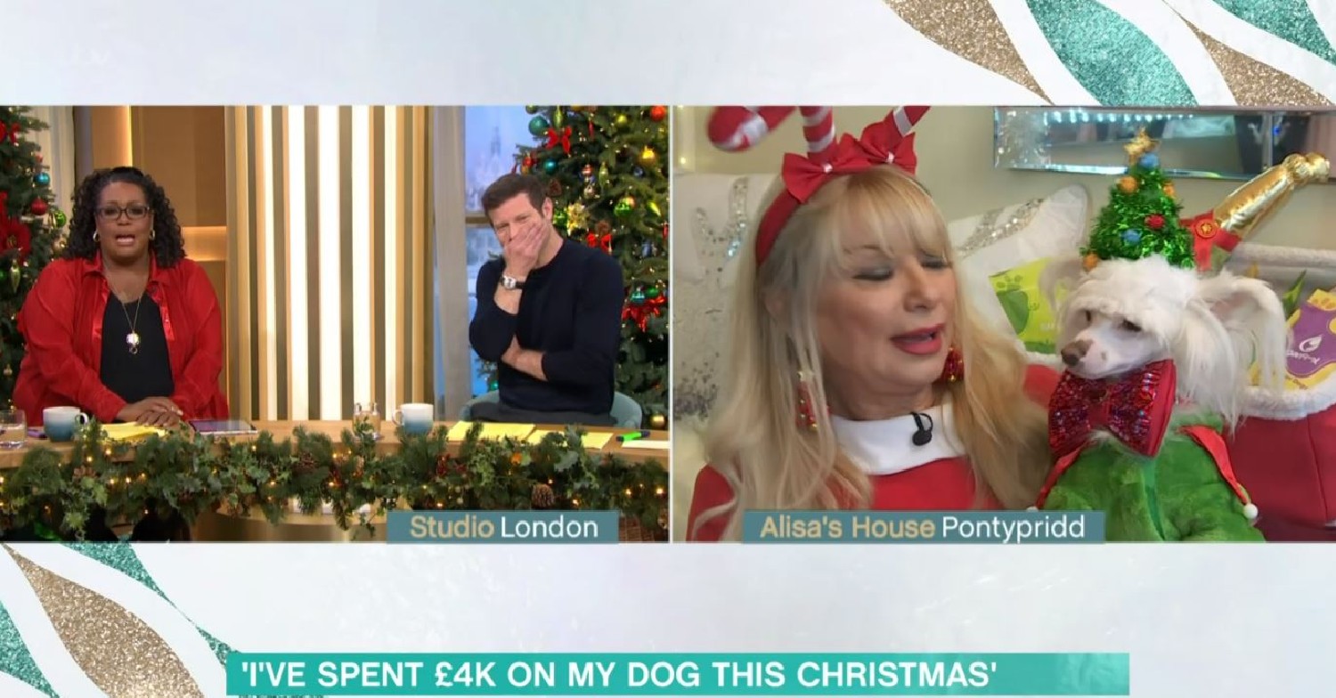Alison Hammond and Dermot O'leary interviewing a guest with her dog on This Morning today