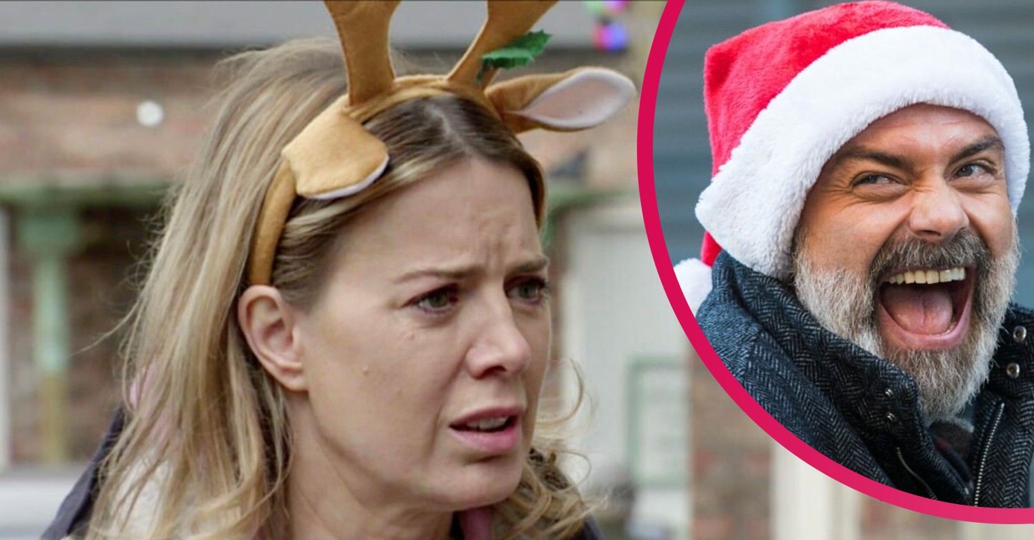 Coronation Street Abi looks concerned in reindeer antlers and Billy looks thrilled in Santa hat