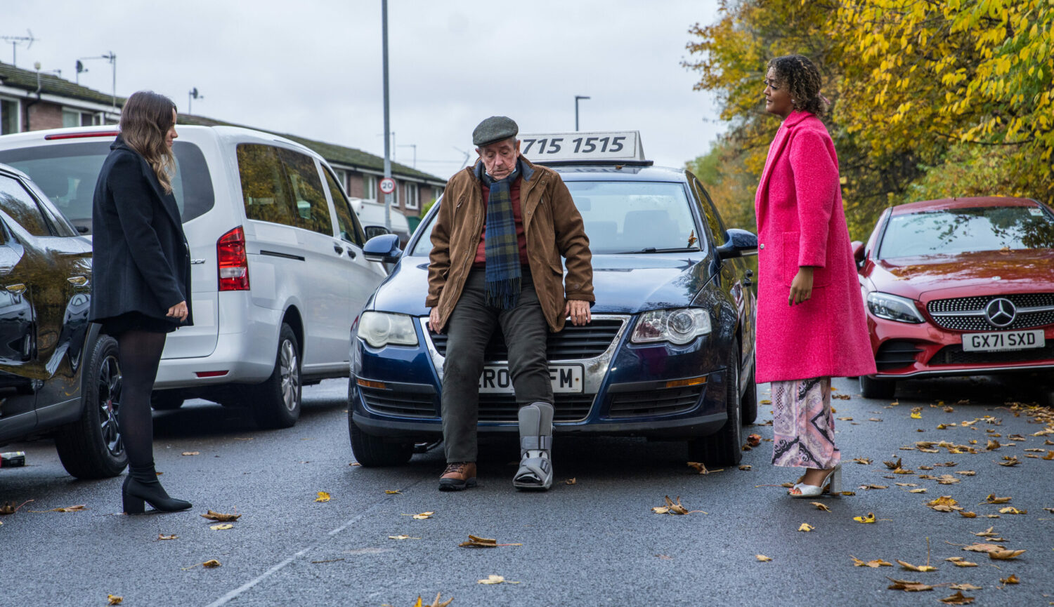 Coronation Street Emma and Faye are horrified when learner driver Faye knocks over old man Ted