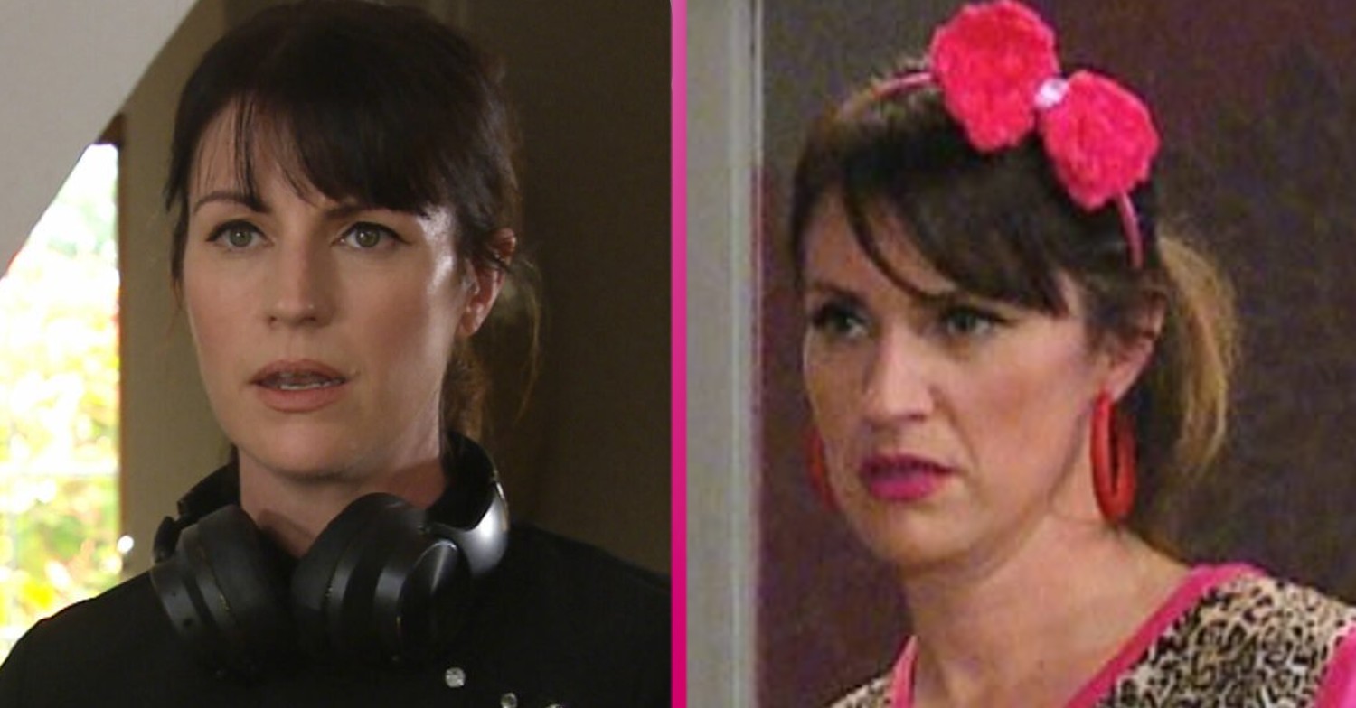 Emmerdale Kerry dresses in black then with a big pink bow in her hair