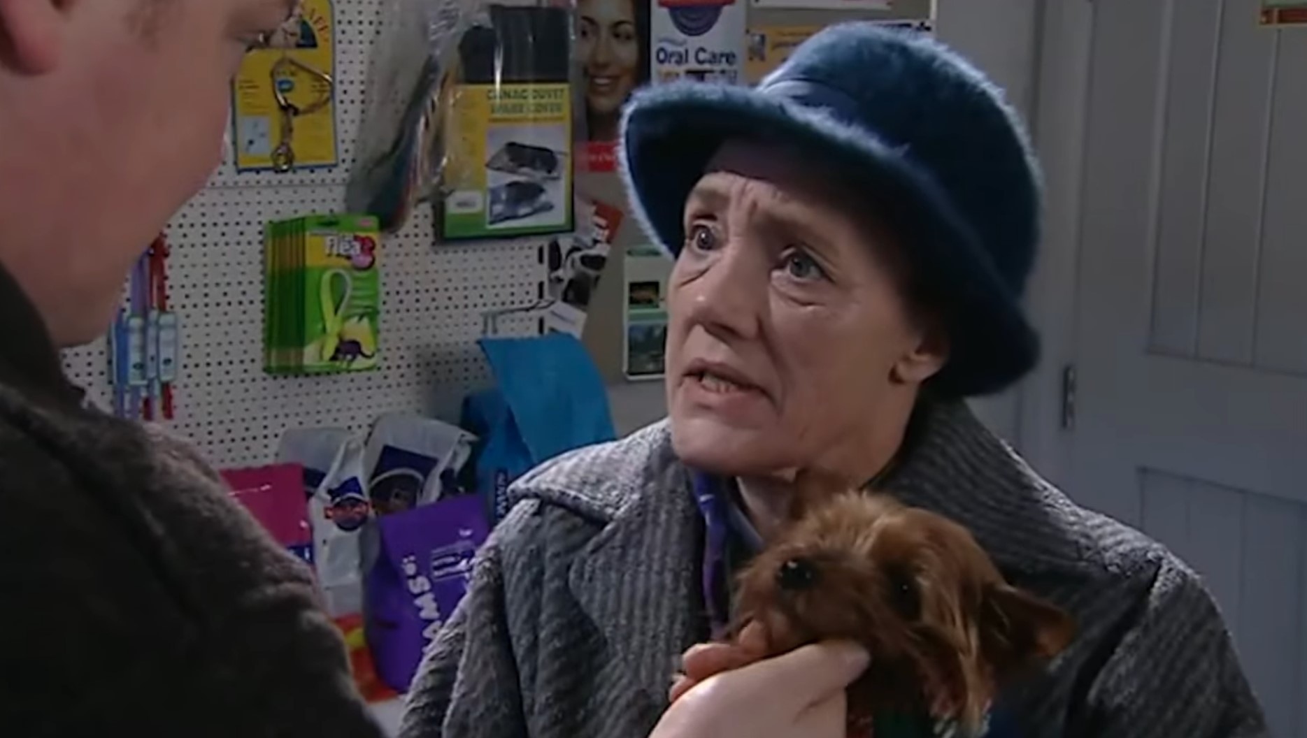 Edna and Batley in Emmerdale as Edna looks worried