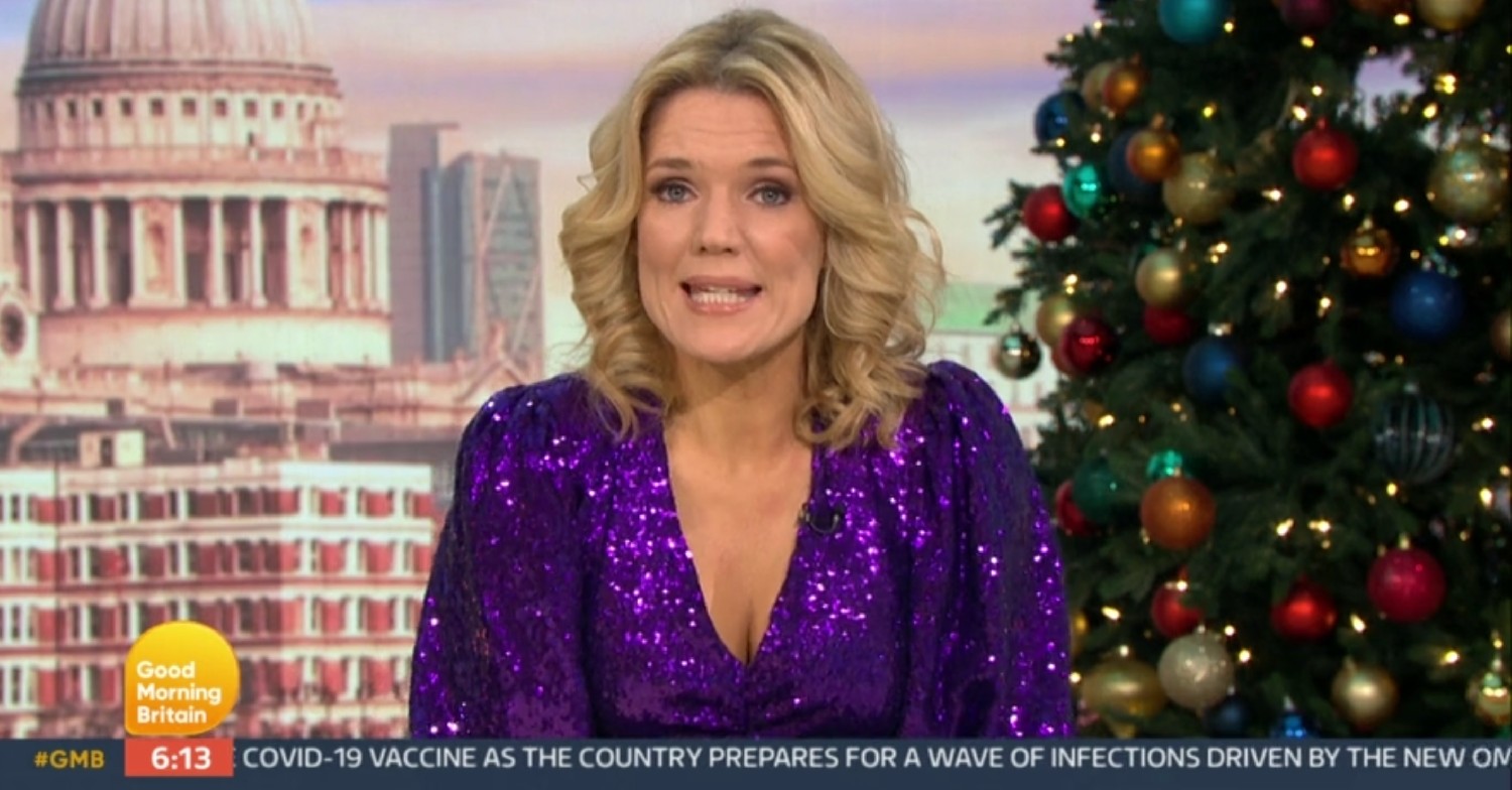 Charlotte Hawkins in purple dress on GMB today