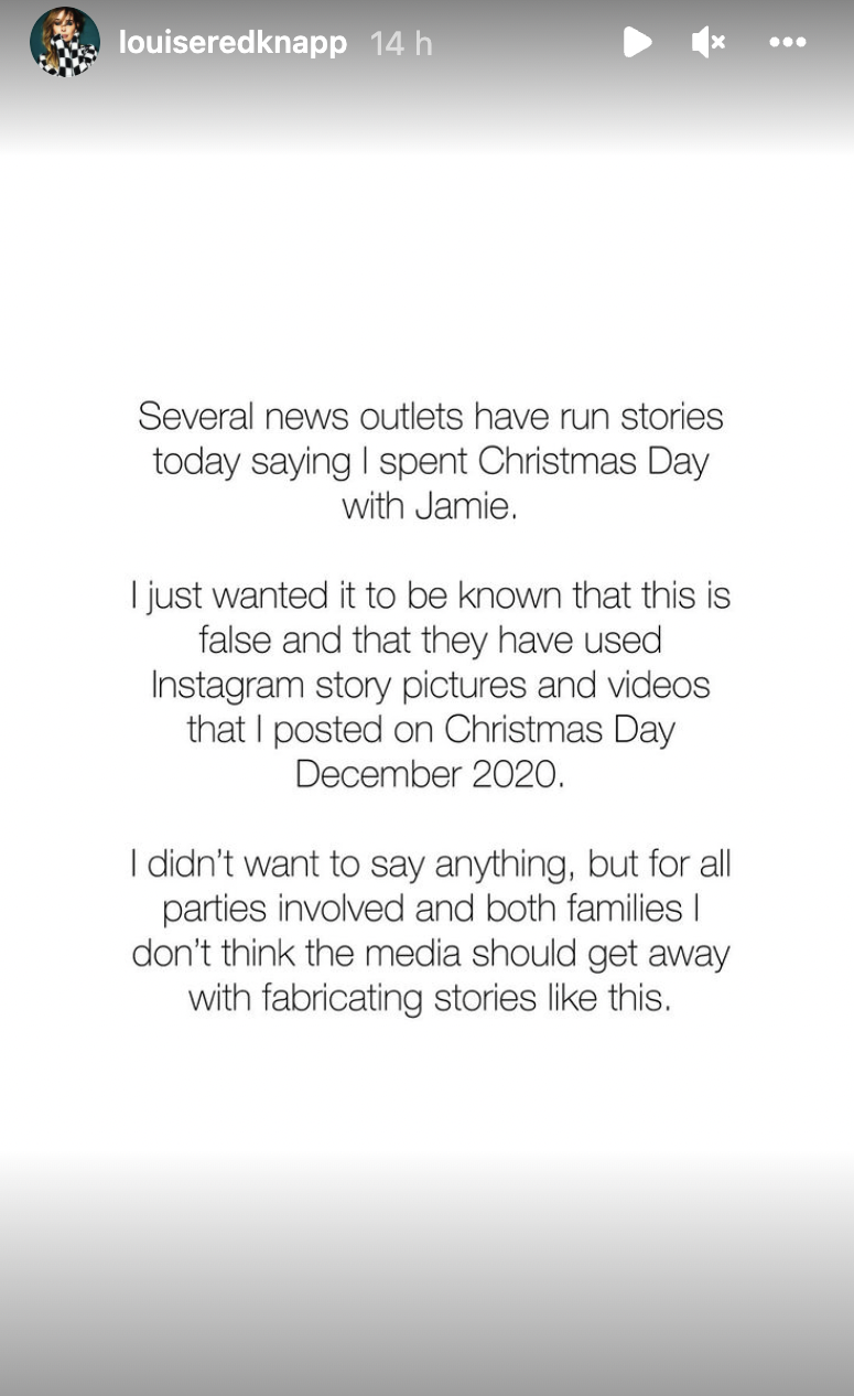 Louise redknapp insta story speaking about spending xmas with Jamie