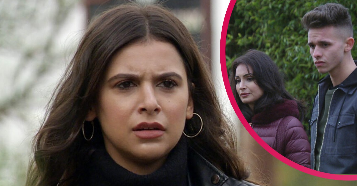 Emmerdale Meena looks angry, Leyla and Jacob survey the damage with concern comp