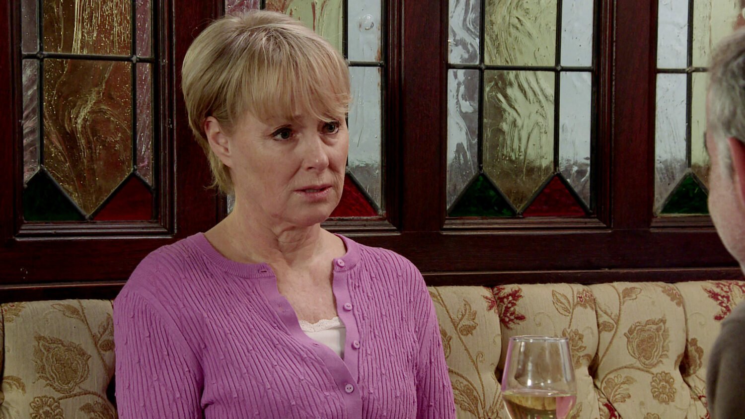 Sally Metcalfe looks worried as she talks to Kevin in the Rovers