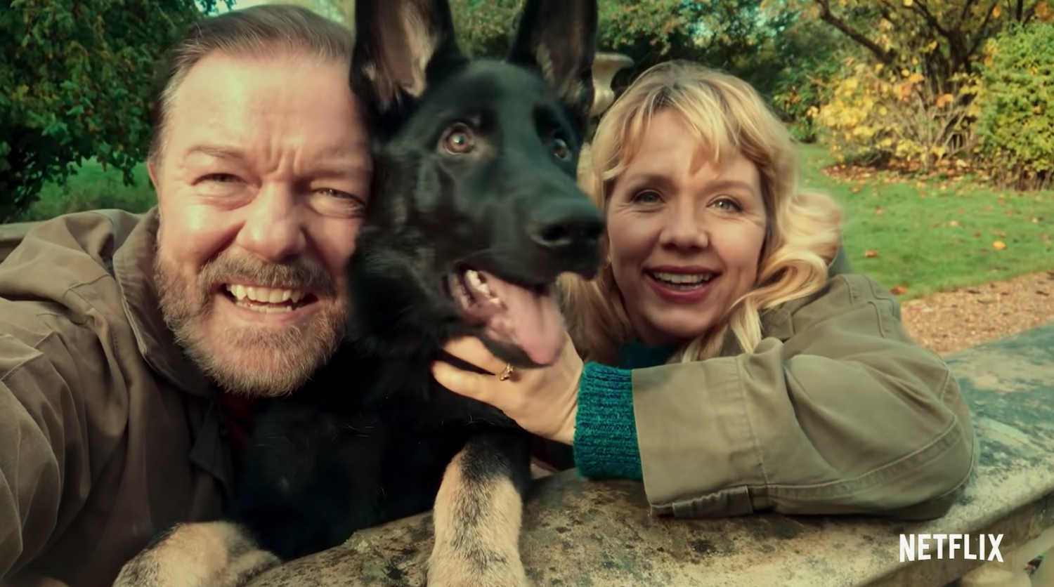 Kerry with Ricky Gervais - and dog Brandy - in After Life