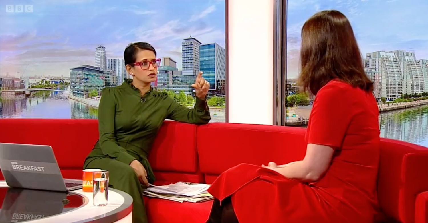 Naga Munchetty wearing red glasses on BBC Breakfast