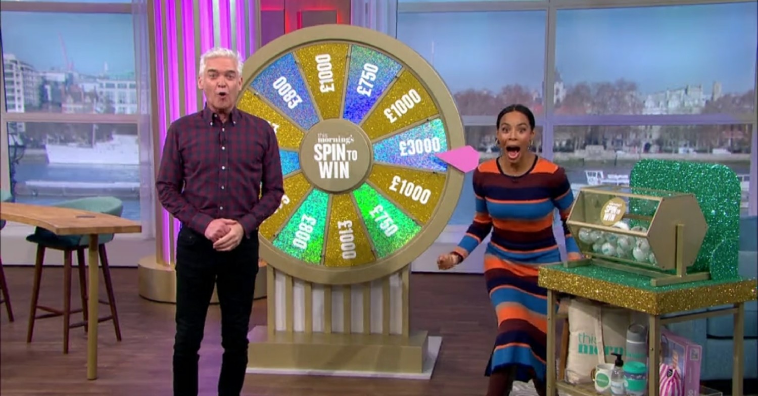 philip schofield, rochelle humes celebrating on this morning spin the wheel