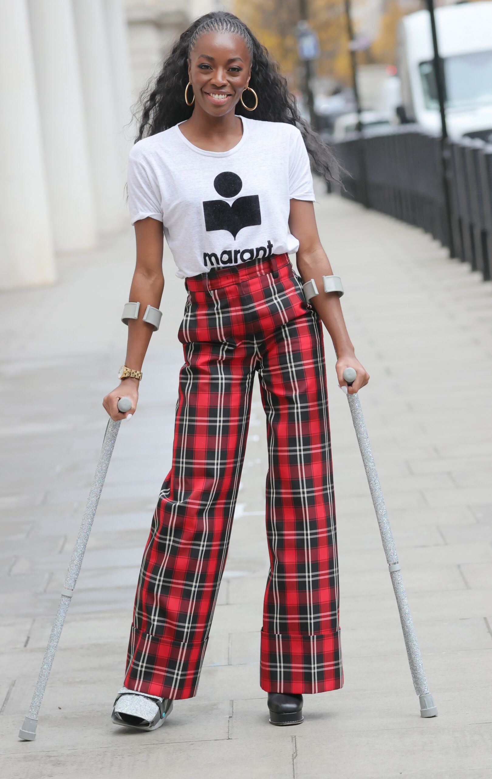 AJ Odudu on crutches 