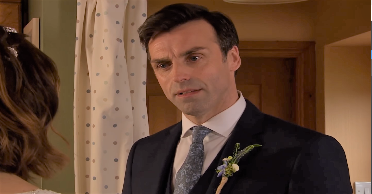 Emmerdale Pierce Harris on his wedding day threatens Rhona