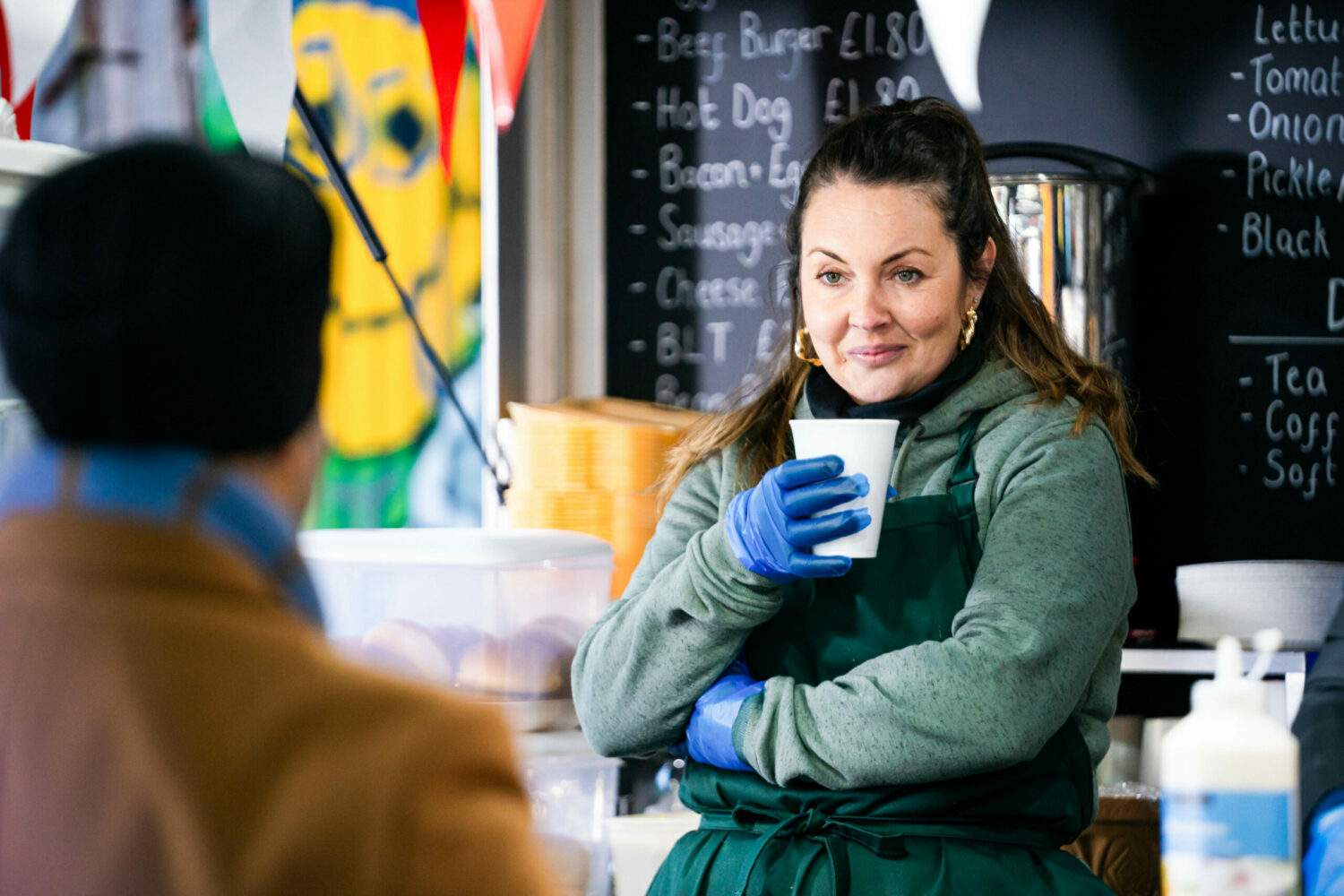 EastEnders Feb 8 Stacey opens her new business venture with the support of Jean and Eve with a long line of customers waiting