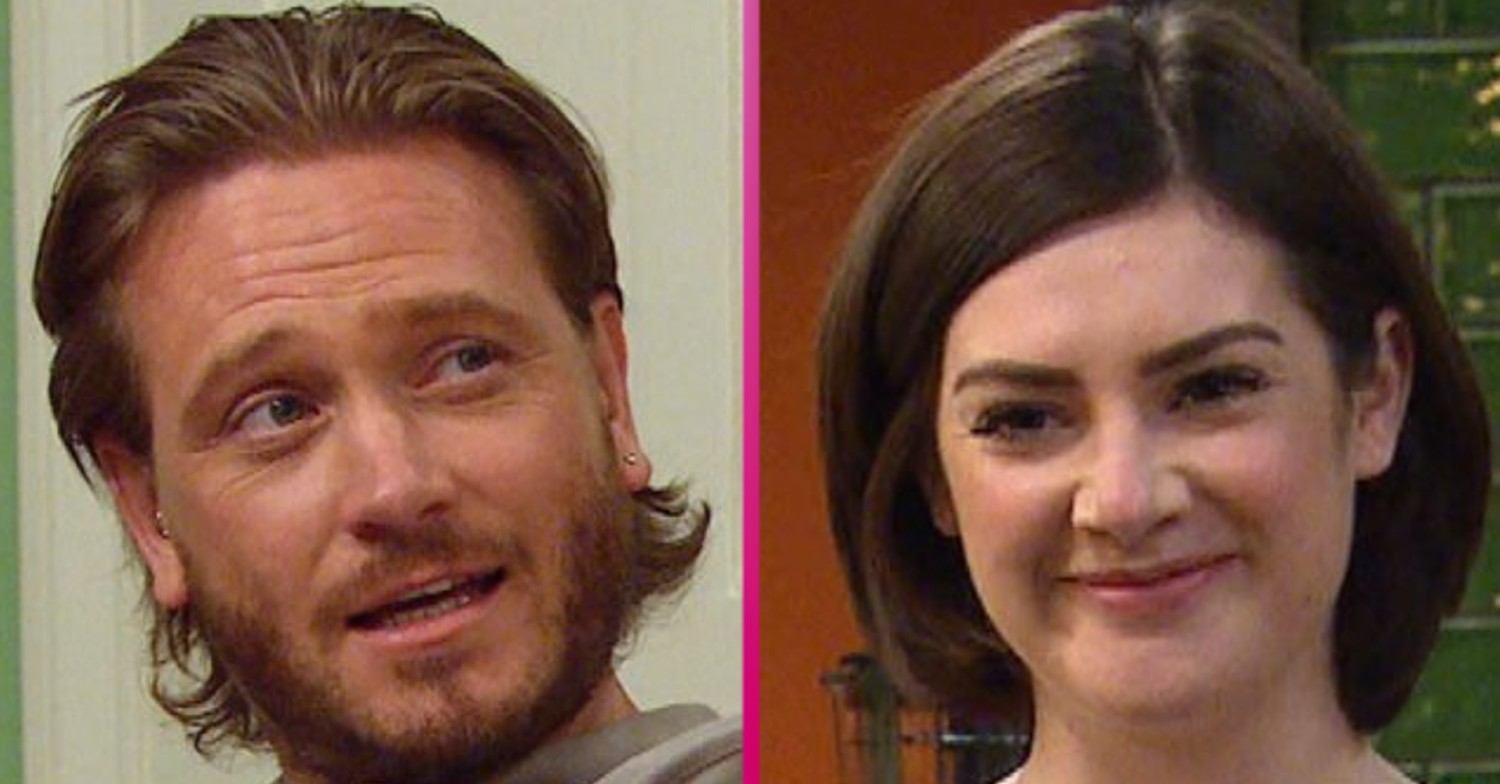 Emmerdale David Metcalfe and Victoria Sugden smiling comp