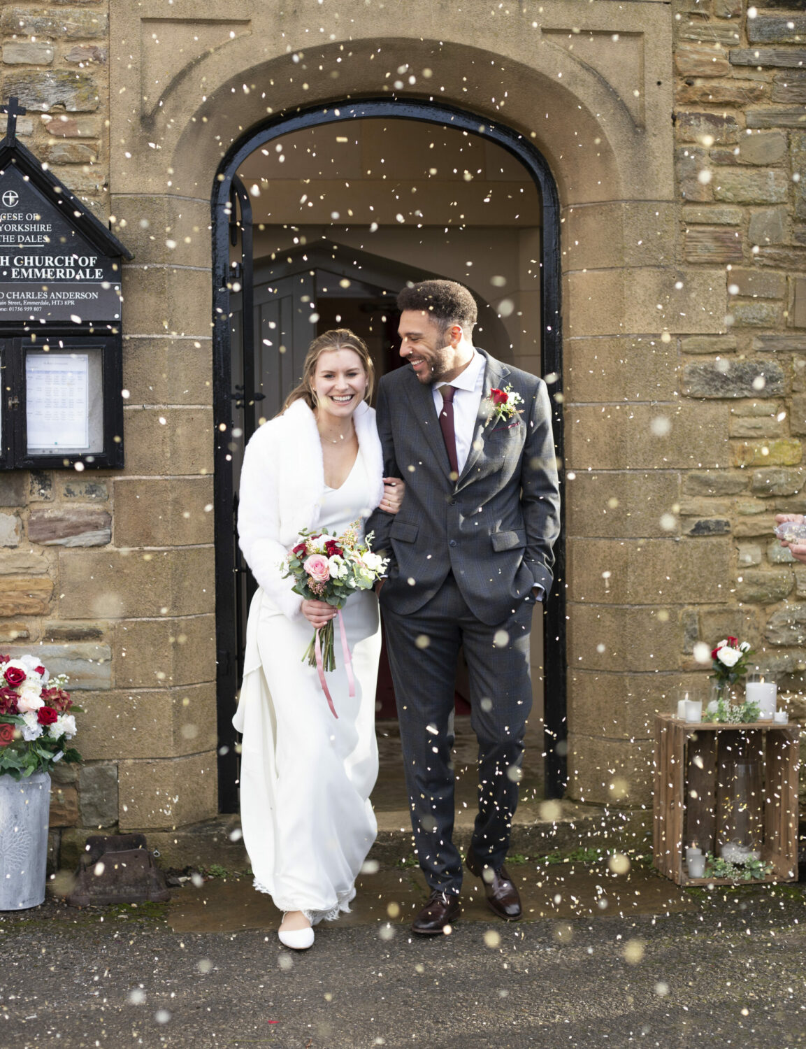 Emmerdale Feb 14 Dawn and Billy leave the church married as confetti is thrown