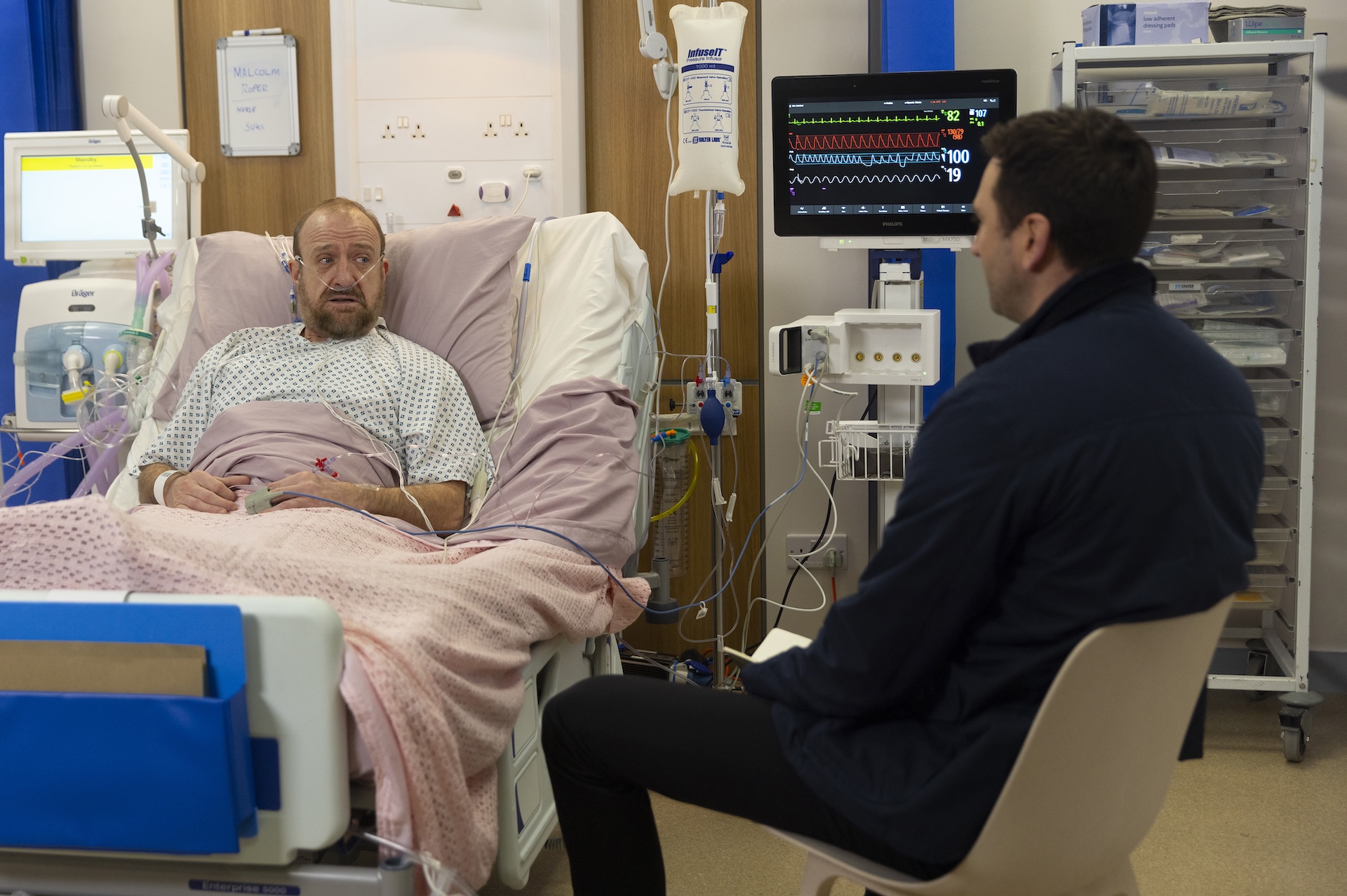 Kit visiting Mal at the hospital in Coronation Street