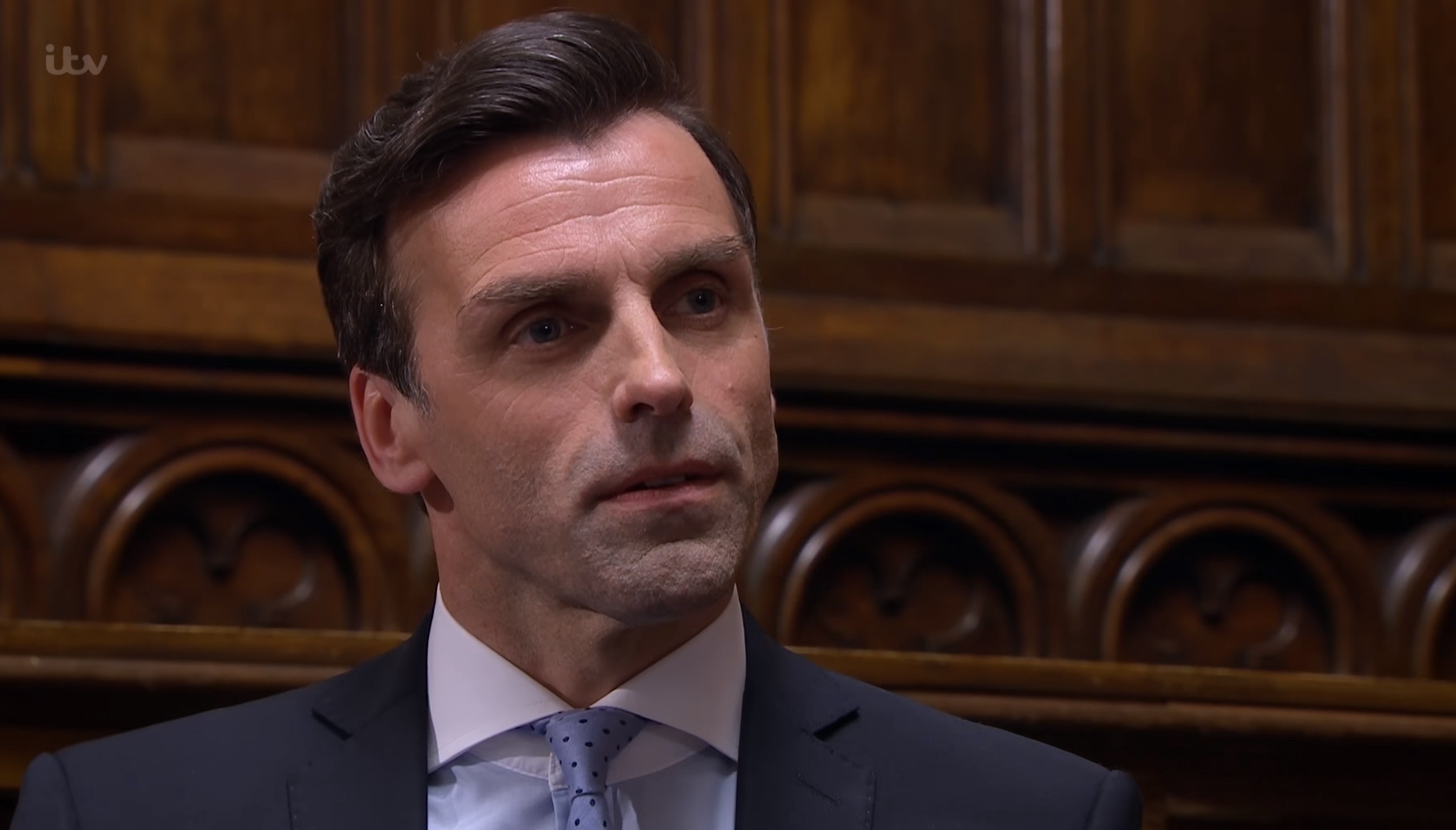 Emmerdale: Pierce Harris is in court for raping Rhona and looks smug