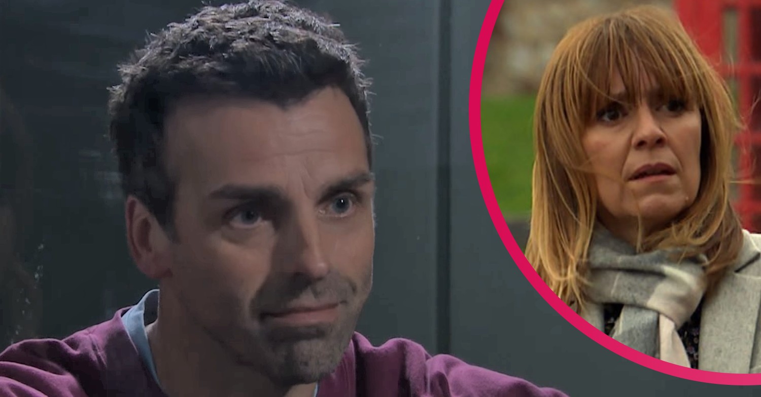 Emmerdale Pierce Harris looks forlorn in prison while Rhona looks concerned comp image