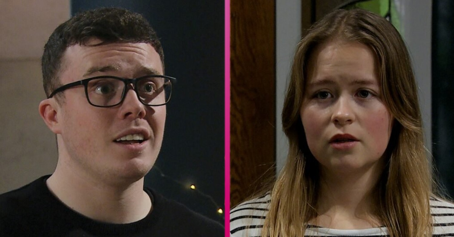 Emmerdale Vinny looks confused and Liv looks stunned