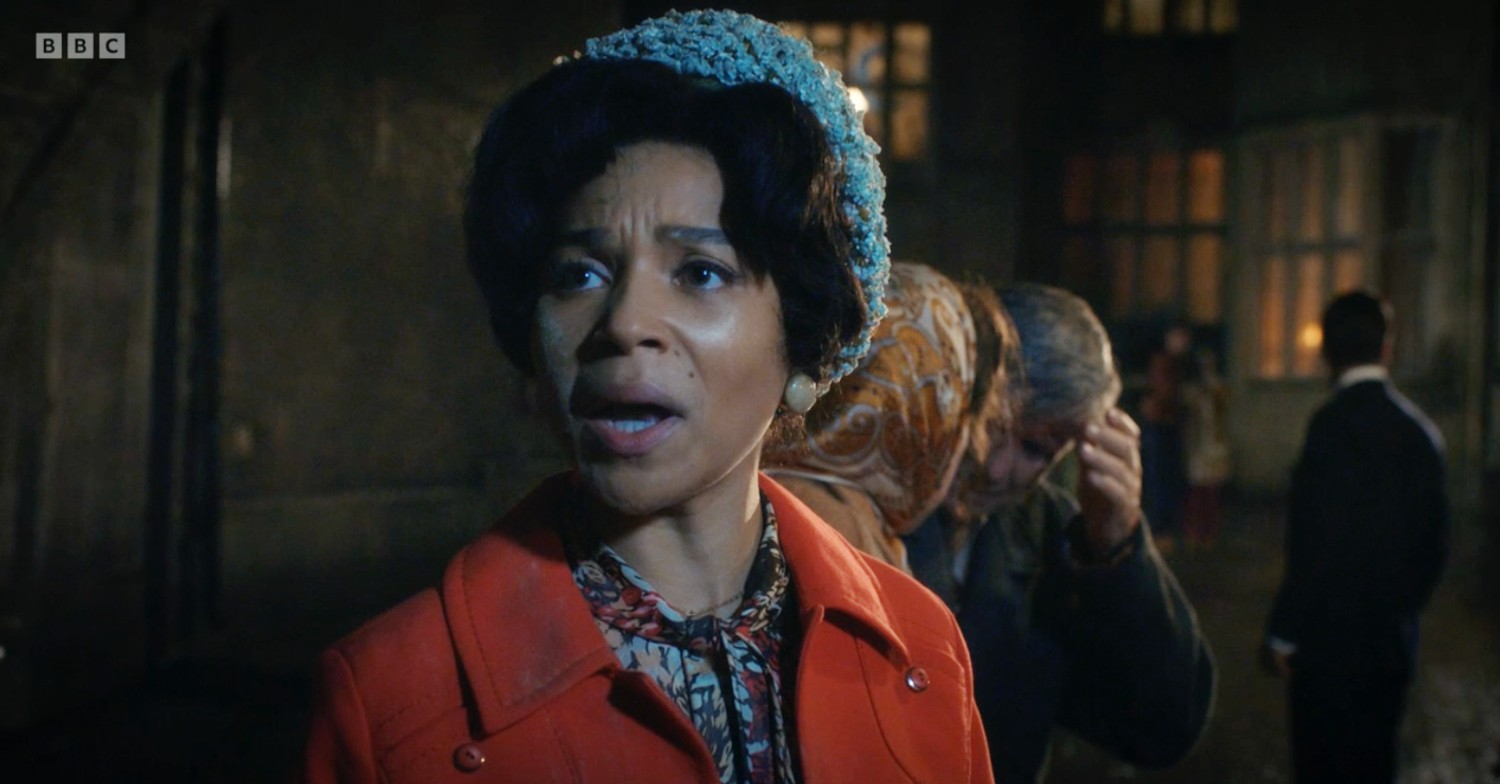 Leonie Elliott looking shocked in the aftermath of the call the midwife train crash