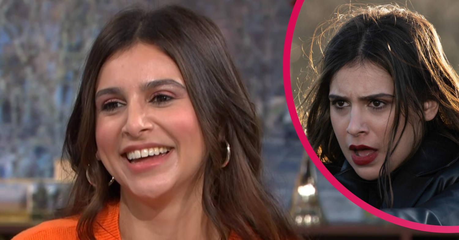 Emmerdale star Paige Sandhu in orange on This Morning and as Meena Jutla