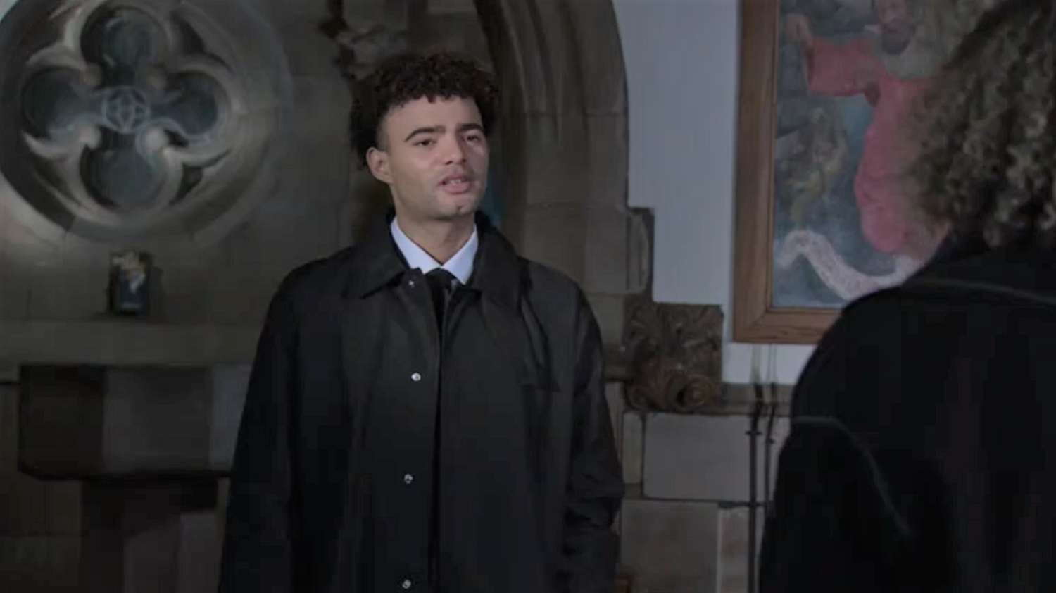 Coronation Street Jon at the funeral of his grandad Ted