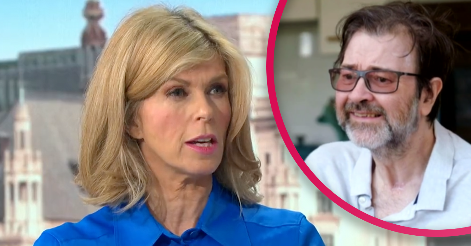 Kate Garraway wearing a blue shirt with husband Derek looking poorly