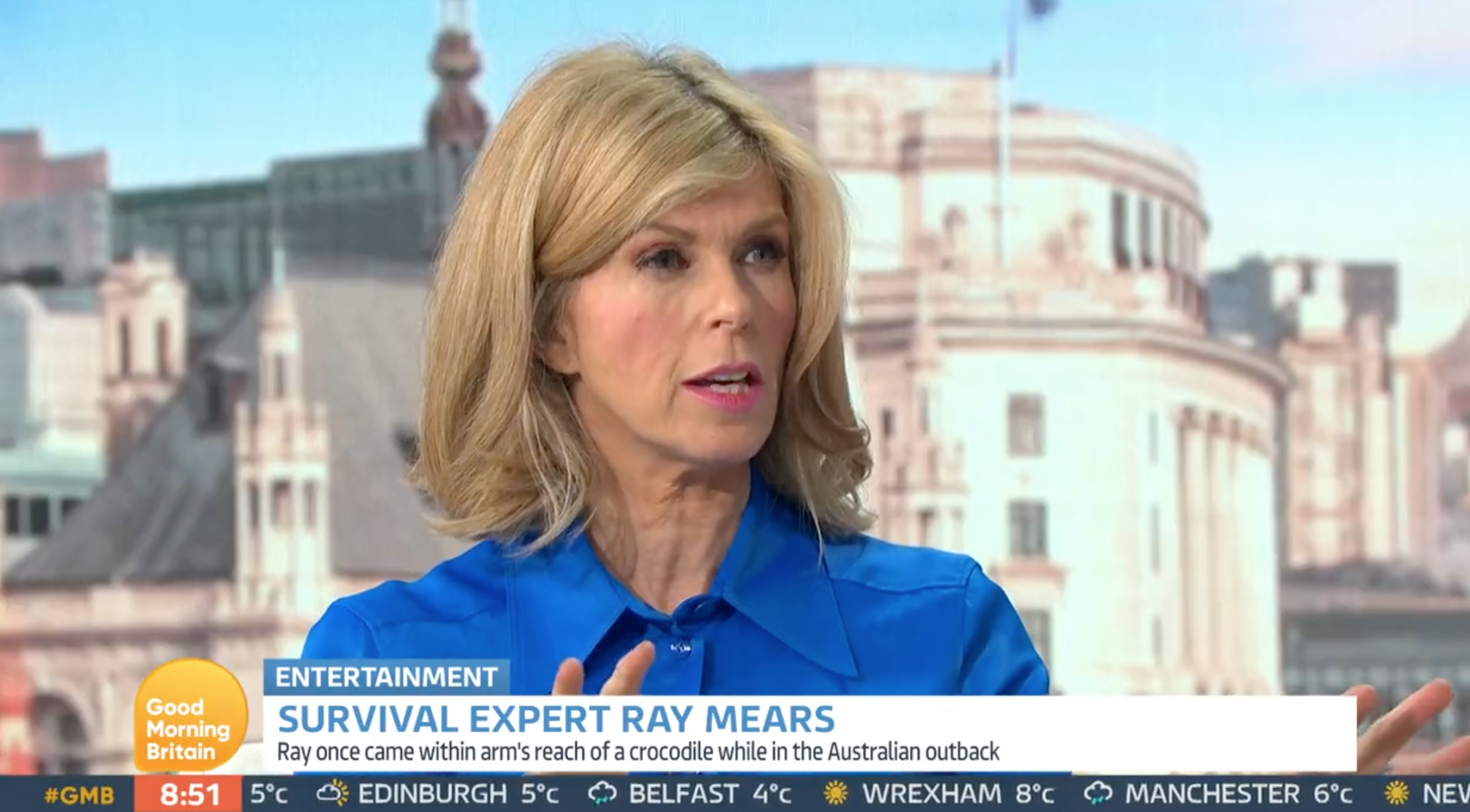 Kate Garraway wearing a blue shirt