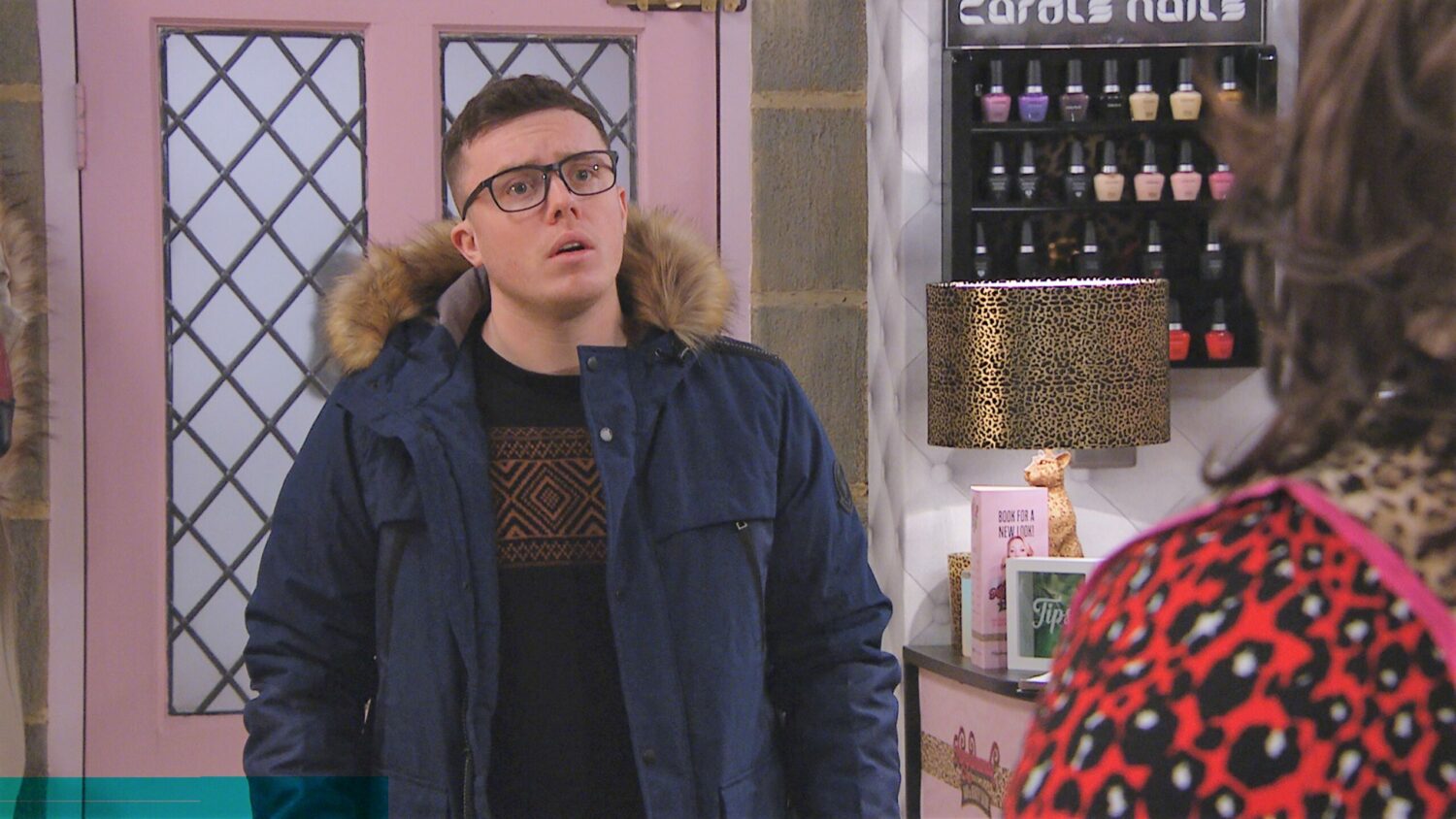 Emmerdale Vinny looking shocked in the salon 