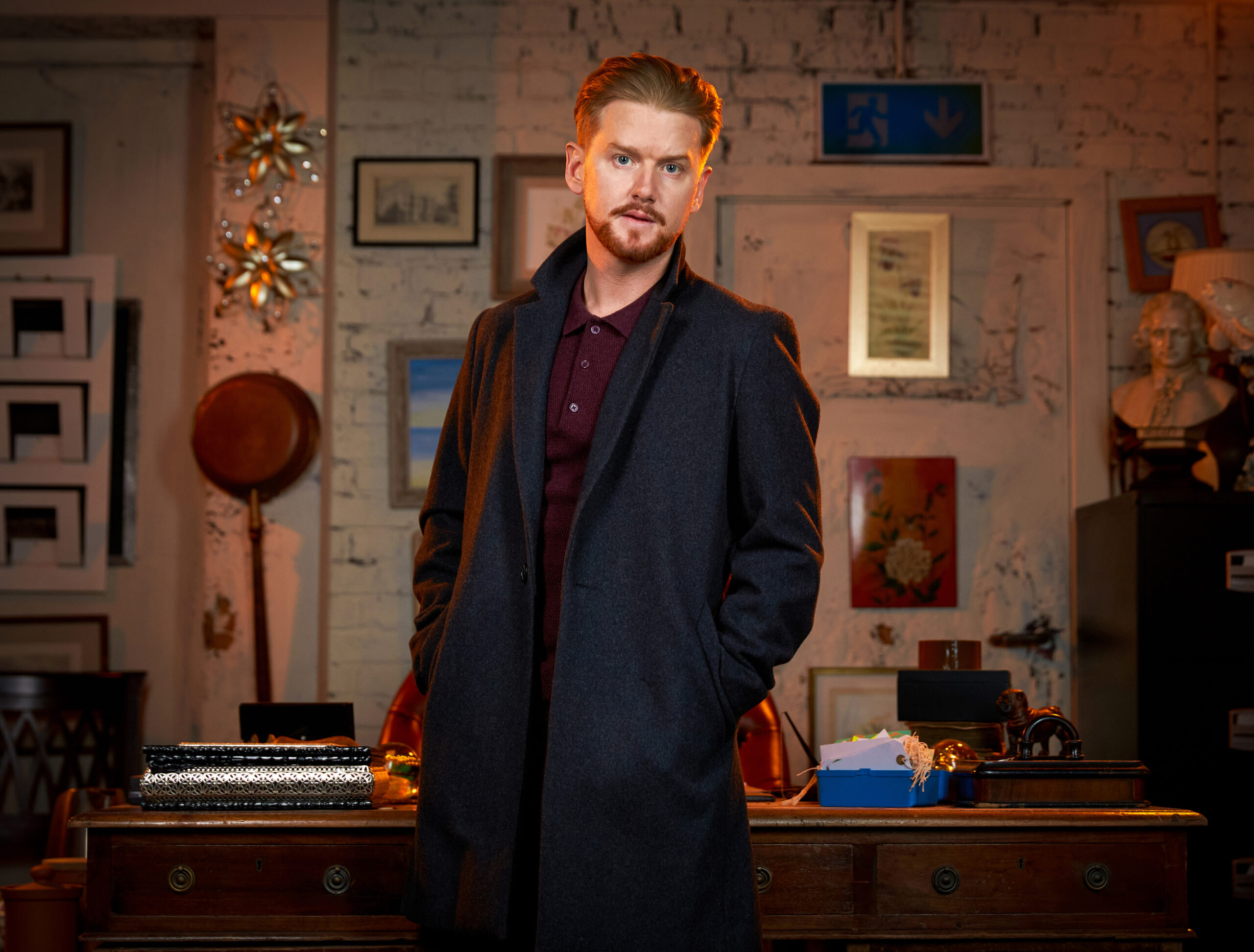 Coronation Street Gary Windass looks worried in posed shot at the antique's shop