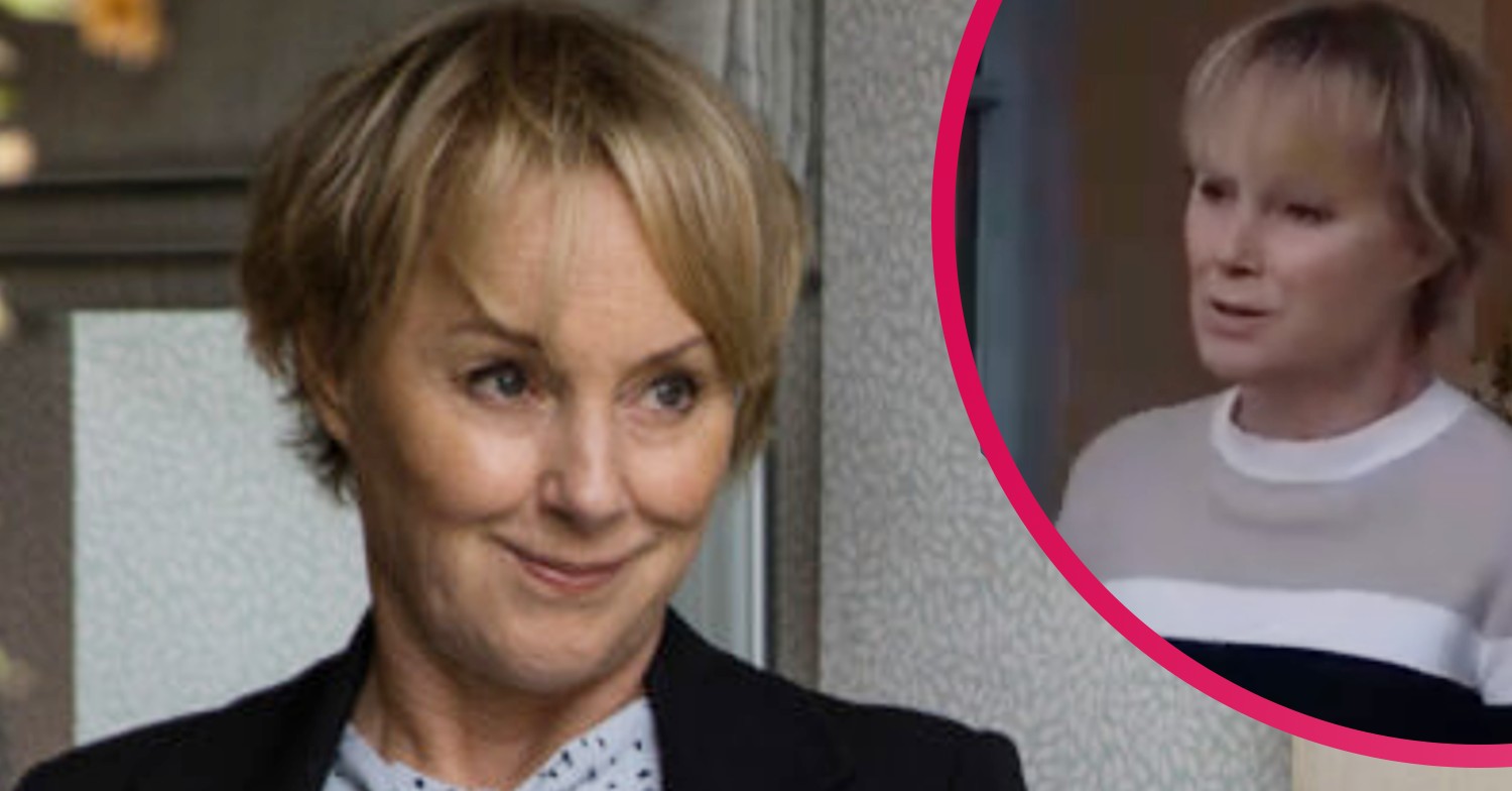 Coronation Street Sally Metcalfe stands in her front door