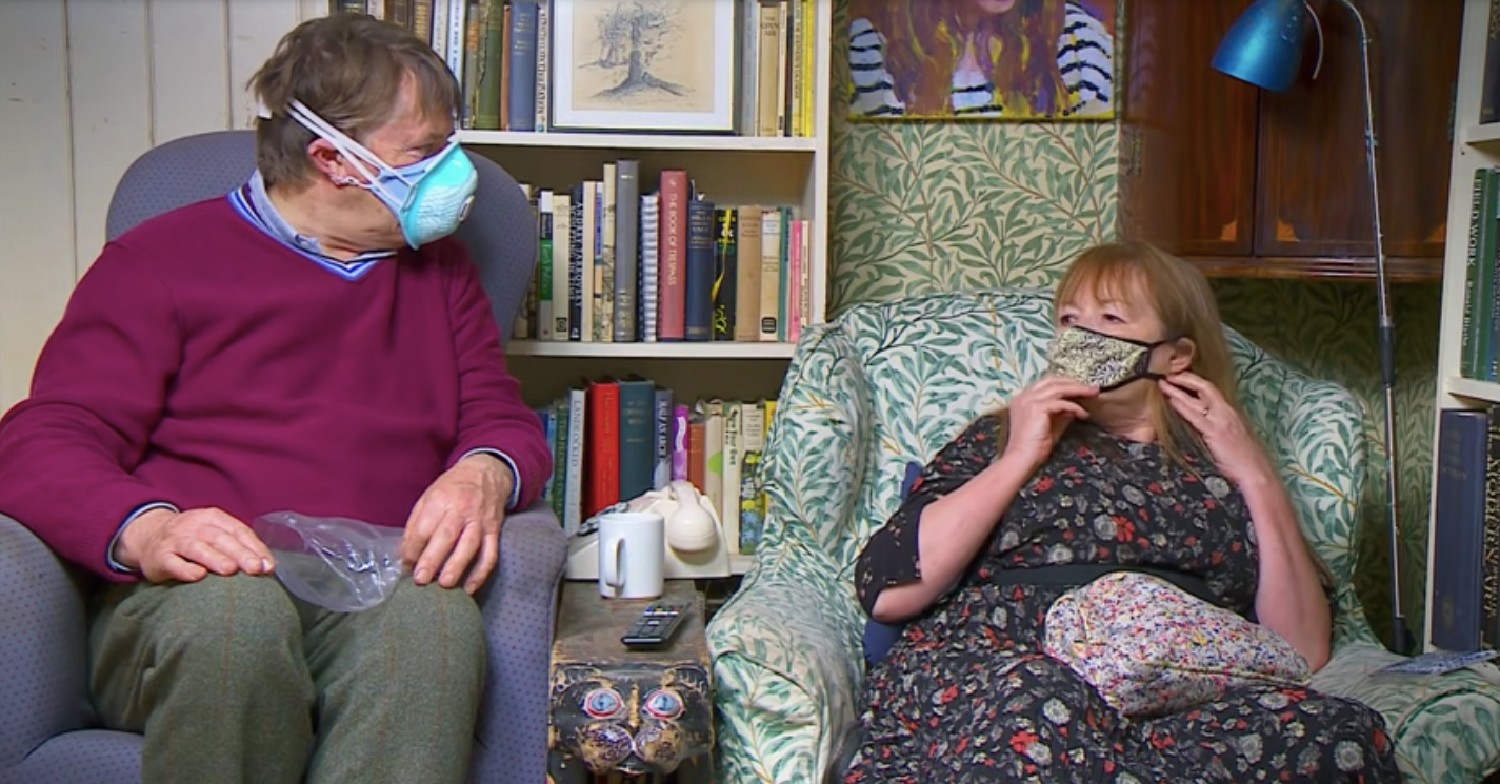 Gogglebox's Giles and Mary try on face masks