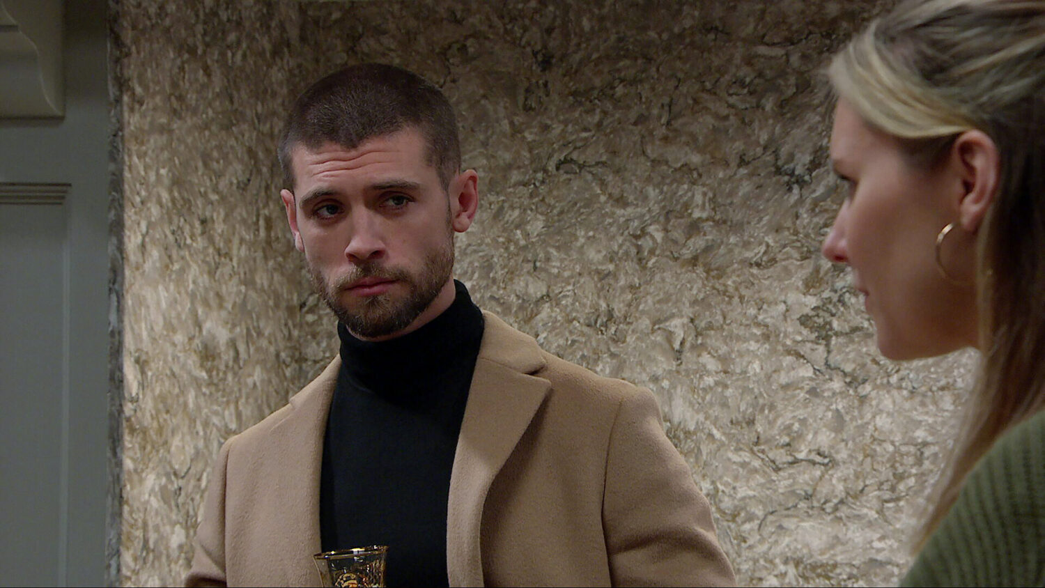 Joe speaking to Dawn seriously on Emmerdale