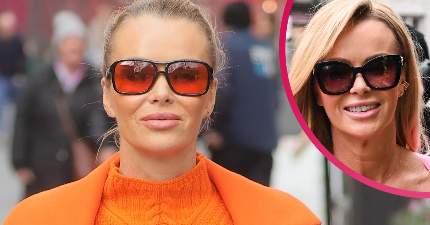 amanda holden wearing sunglasses and an orange coat