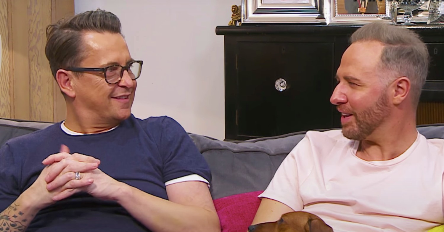 Gogglebox stars Chris and Stephen on their sofa