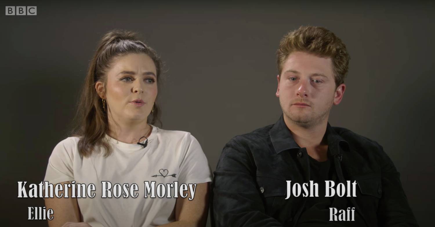 Katherine Rose Morely and Josh Bolt looking glum as they chat