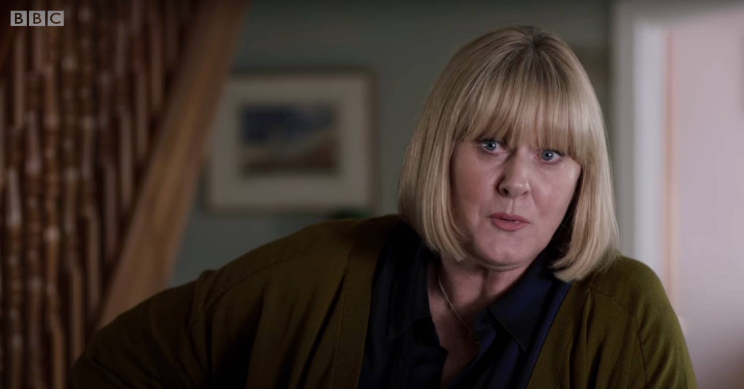 Sarah Lancashire chatting with short hair in Last Tango in Halifax