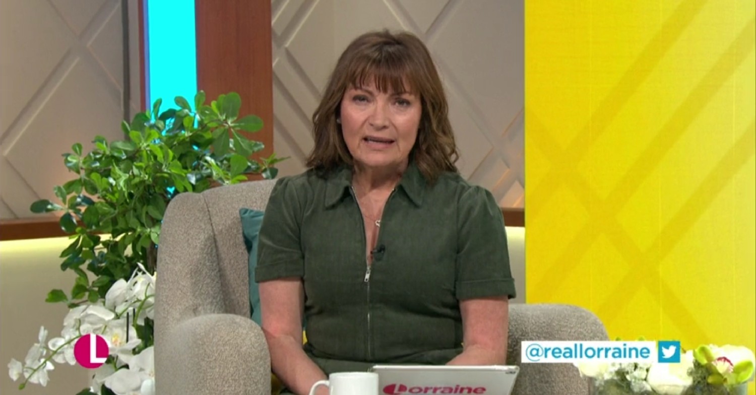 Lorraine Kelly in a green jumpsuit, sitting down on Lorraine