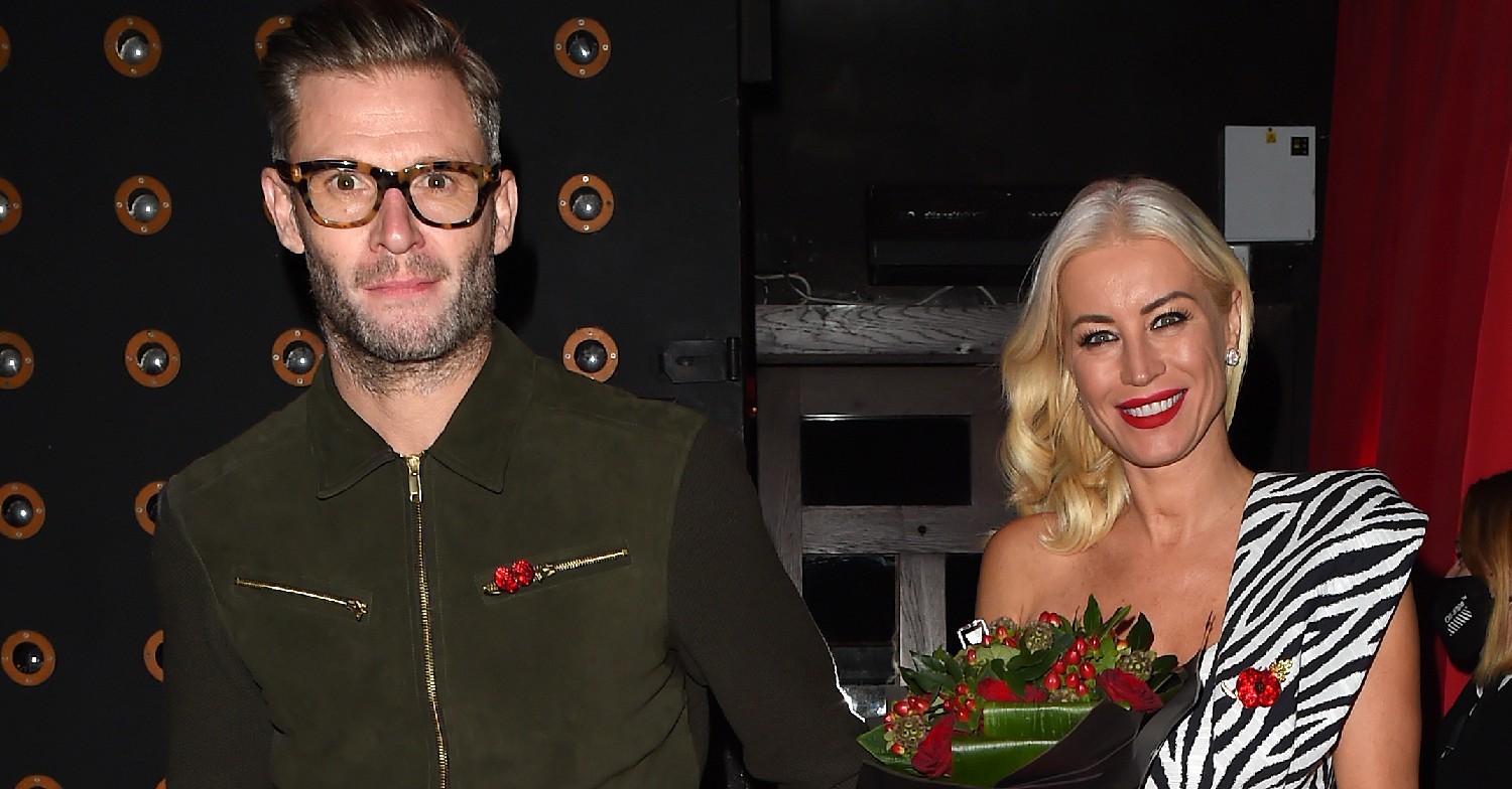Eddie Boxshall and Denise Van Outen smiling for the camera. Denise is holding a bouquet of flowers.