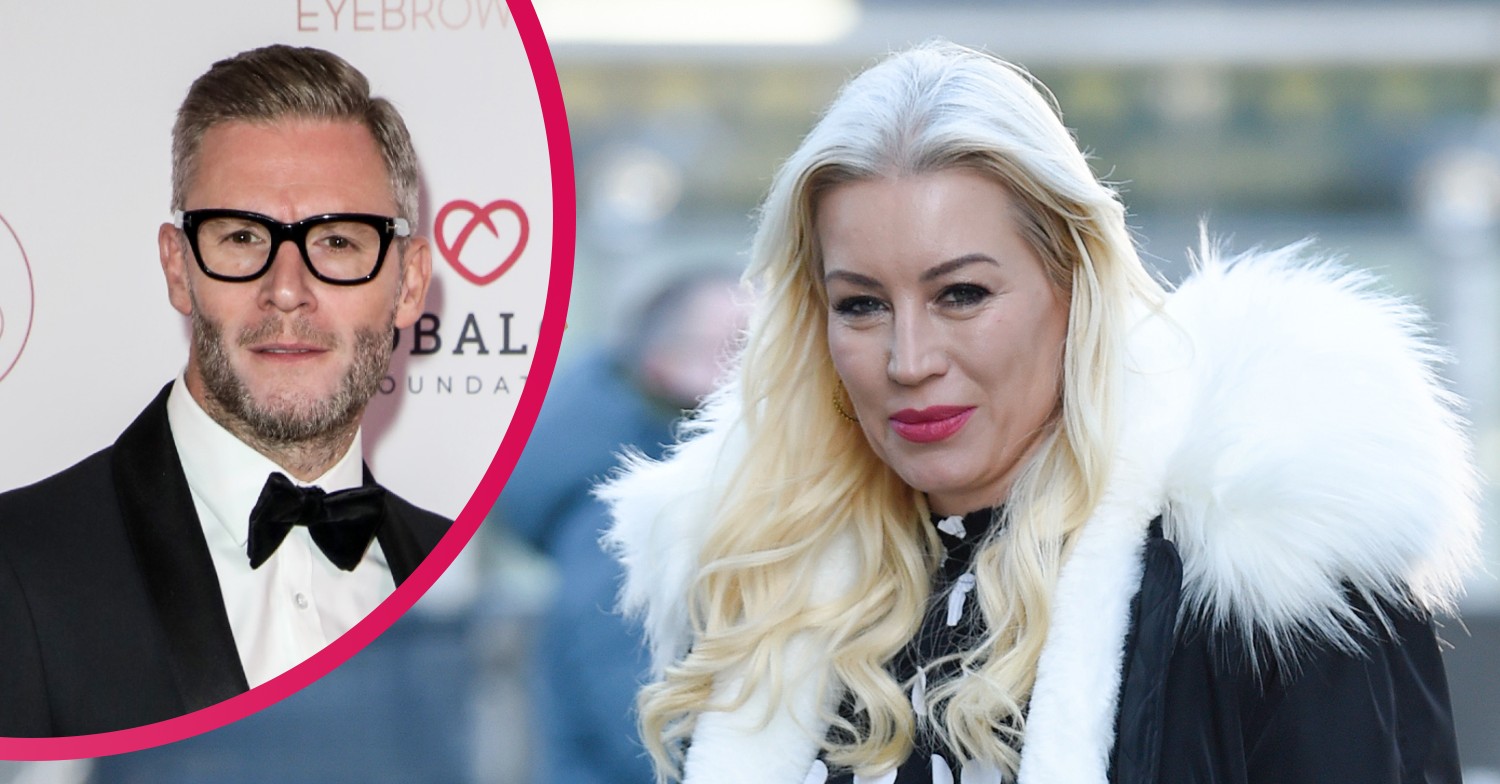 Eddie Boxshall in tuxedo, smiling for camera. Denise Van Outen in fur coat