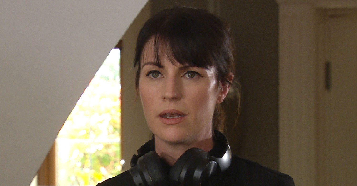Kerry Wyatt looks surprised in Emmerdale (Credit: ITV)
