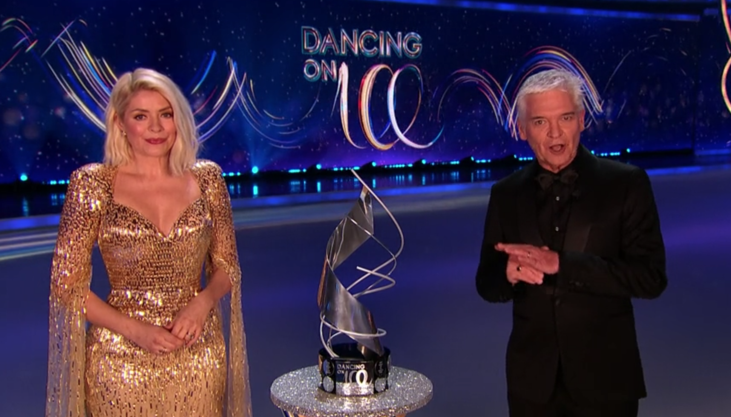 Holly on the Dancing on Ice final in a gold dress