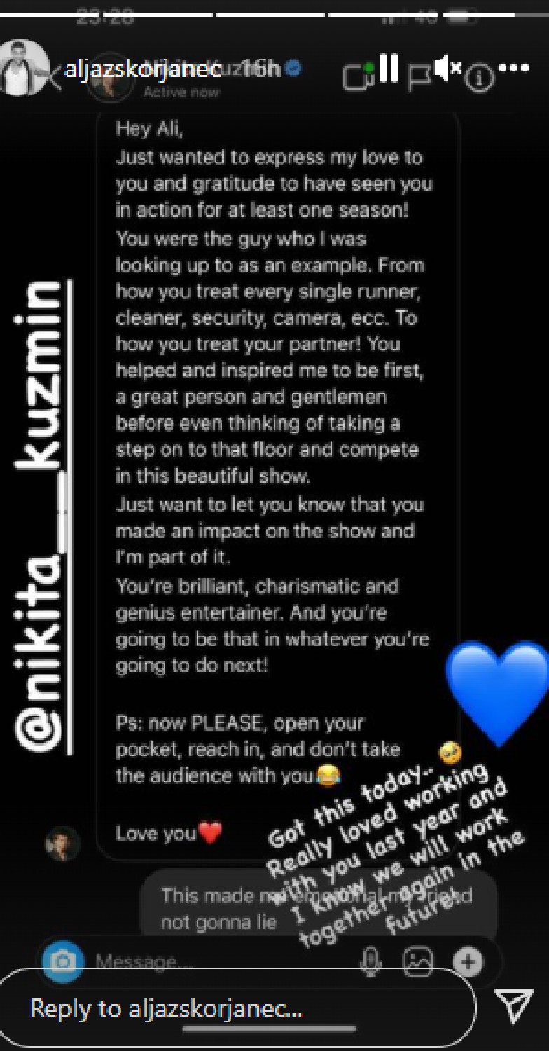 Aljaž Škorjanec reveals message from Strictly co-star Nikita Kuzmin